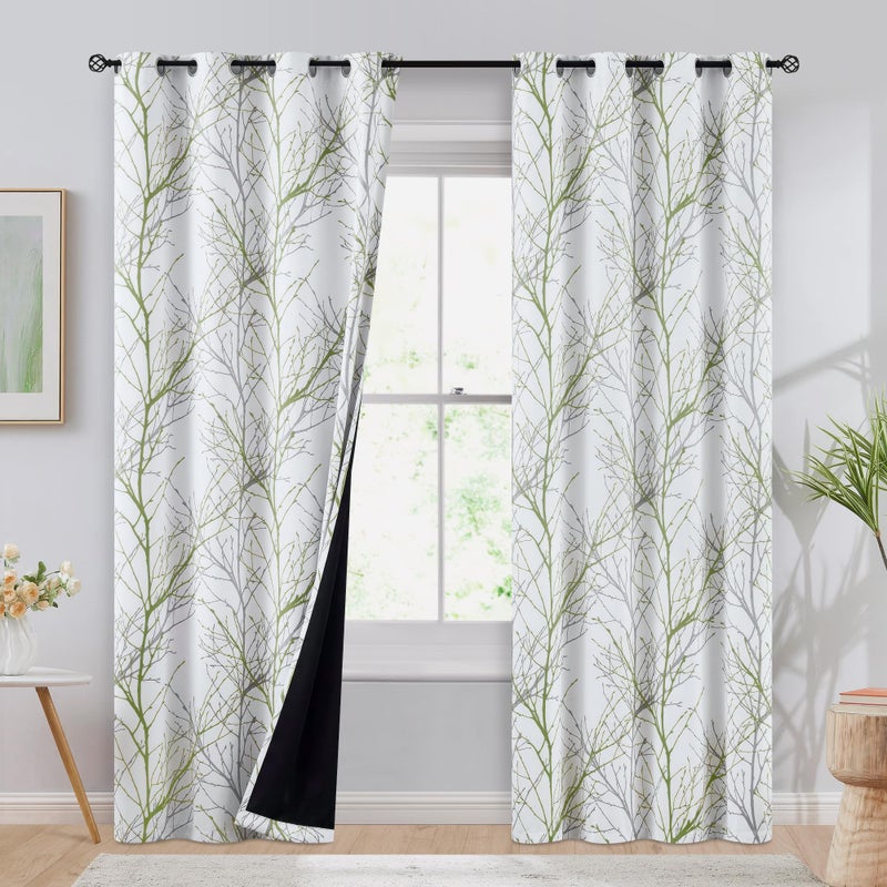 FMFUNCTEX Tree Blackout Curtains with Black Linen for Bedroom 72" White Green Grey Branch Print Window Curtains Forest Design Thermal Insulated Curtain Panels Living Room Nursery Kids Room Dorm 50"w 2pcs - Image 2