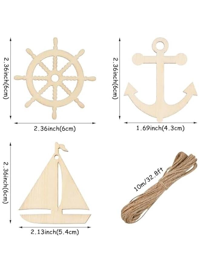 Arabest 30 Pieces Wooden Anchor for Crafts Unfinished Nautical Party Decor Sailboat Wheel Cutouts with Rope DIY Paint Crafts for Hanging Ornaments for Cruise Bachelorette Party Home, 3 Styles - Image 2