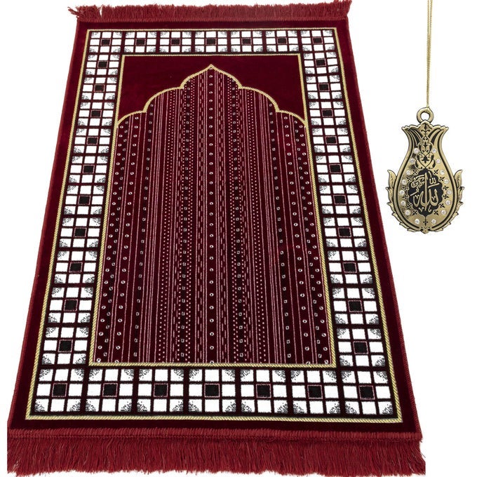 TURKISH ISLAMIC PRAYER RUG THIN LIGHTWEIGHT VELVET PRAYING CARPET SOFT MUSLIM PRAYING MAT JANAMAZ RAMADAN OR EID GIFT FOR MEN WOMEN WITH CAR HANGER VINED ARCH RED