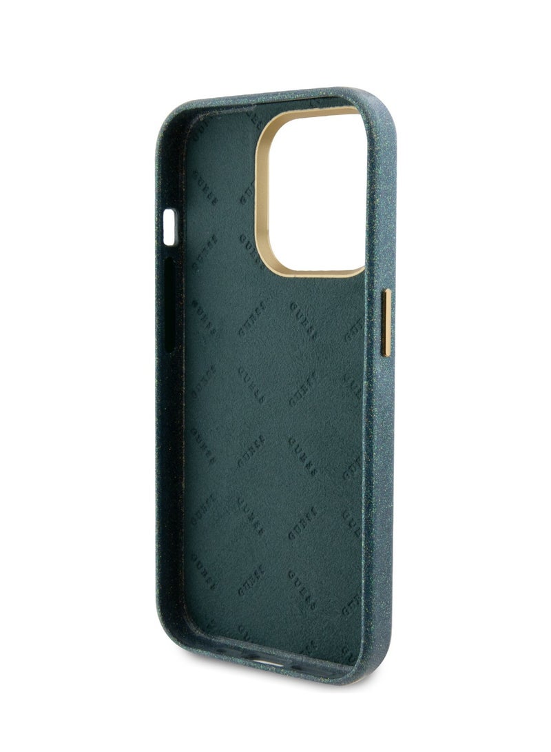 GUESS iPhone 15 Pro Case PU Glitter Glossy Back Cover with Guess Script Logo / Drop Protection / Accurate Cutouts / Easy Snap-On - Kaki - Image 4