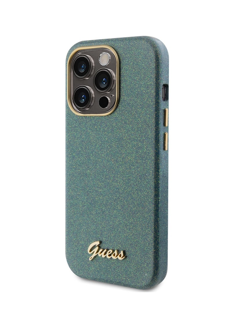 GUESS iPhone 15 Pro Case PU Glitter Glossy Back Cover with Guess Script Logo / Drop Protection / Accurate Cutouts / Easy Snap-On - Kaki - Image 5