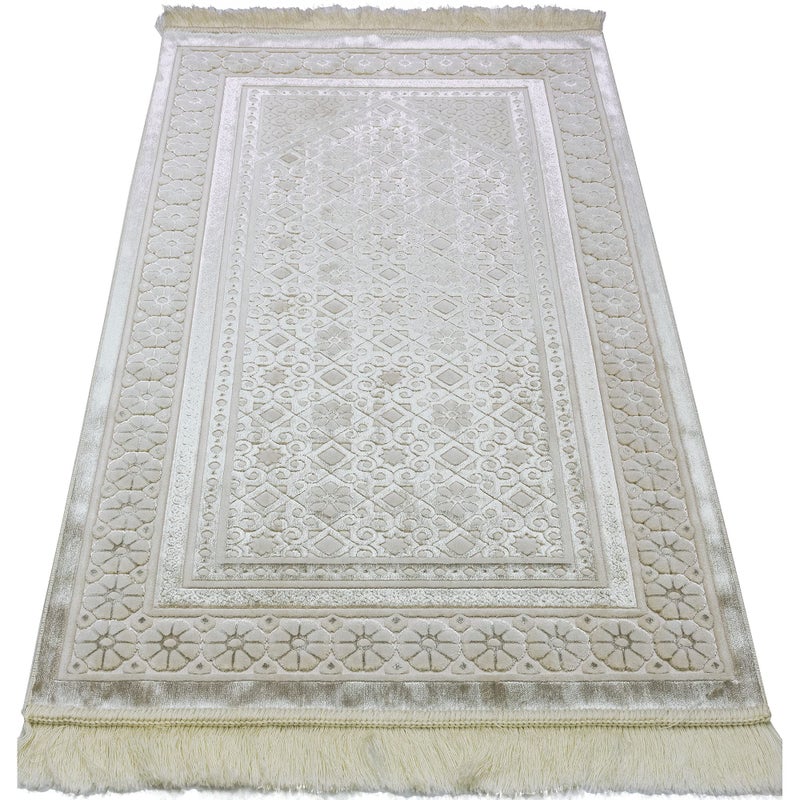 Modefa Velvet Prayer Rug  Soft Plush Turkish Janamaz Sajada Carpet for Men and Women  Plain Solid Prayer Mat Ramadan Eid Gift  with Prayer Beads  Luxury Floral Stamp Ivory