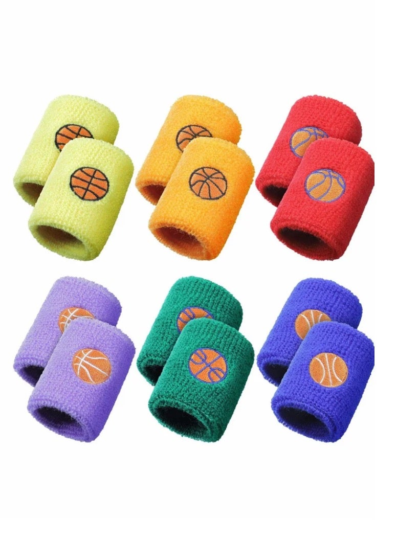 Sports Wristbands for Kids, Colorful Wrist Sweatbands Cotton Terry Cloth with 6 Basketball Design School Students Teacher Party Birthday Favors (6 Colors 12 Pcs - Image 1