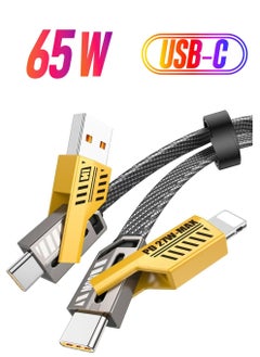 USB C Cable Lightning Cable [65W 4 in 1 Fast Charging Cable] Flat Braided USB C to USB C Charger Cord, Multi Charging Cable Combo Type C/USB A/Lightning Port for iPhone/iPad/Samsung, 3ft