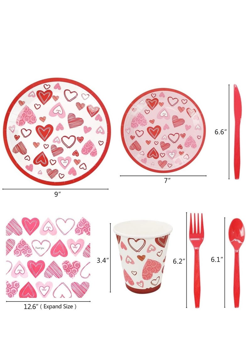 SOLARAE 168 PCS Plates and Napkins TablewareSets, Serving 24 Guests, Romantic Heart Printing Paper Luncheon Knife Cups for Wedding Anniversary Disposable Party Decorations Favors - Image 4