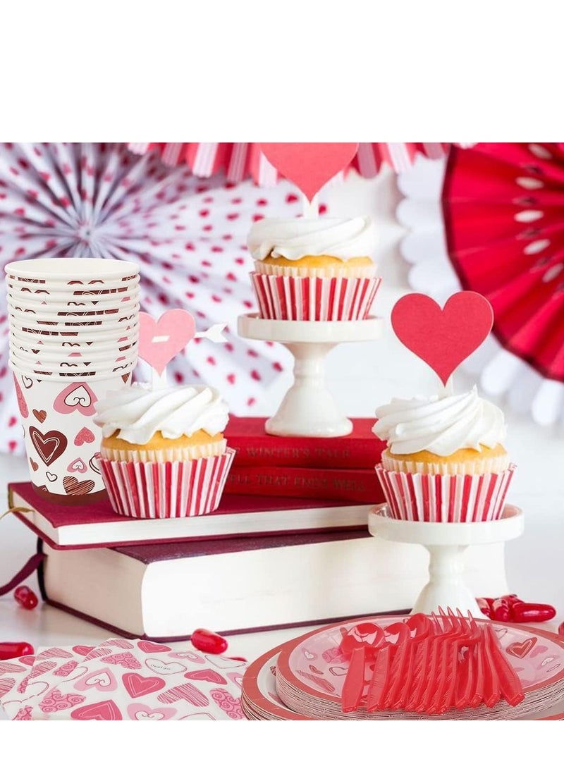 SOLARAE 168 PCS Plates and Napkins TablewareSets, Serving 24 Guests, Romantic Heart Printing Paper Luncheon Knife Cups for Wedding Anniversary Disposable Party Decorations Favors - Image 2