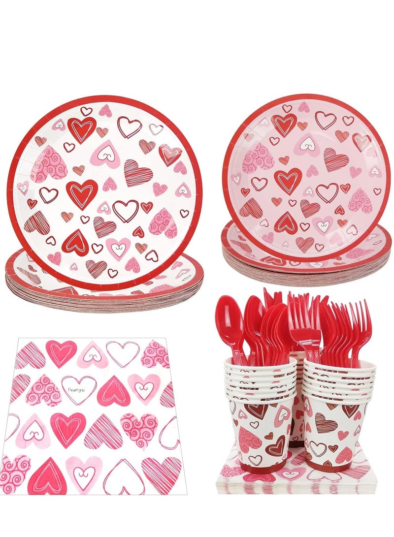 SOLARAE 168 PCS Plates and Napkins TablewareSets, Serving 24 Guests, Romantic Heart Printing Paper Luncheon Knife Cups for Wedding Anniversary Disposable Party Decorations Favors - Image 1