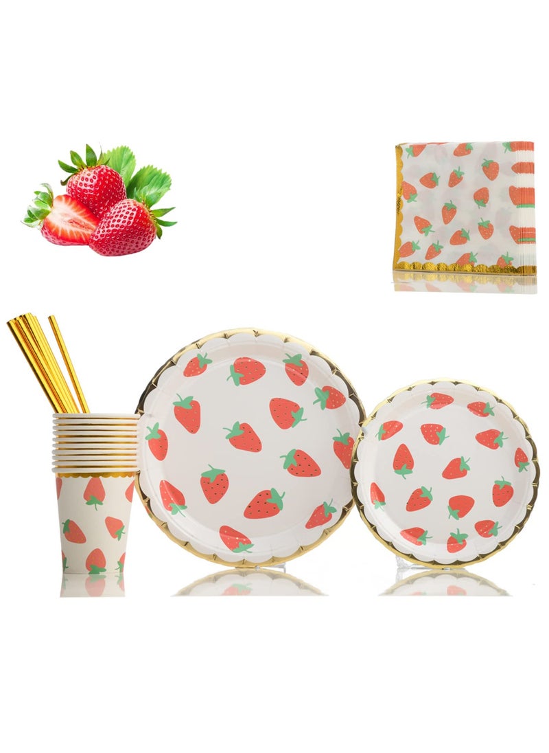 Strawberry Party Tableware Set, Party Decorations Disposable Dinnerware Set Including Plates,Napkins,Straws and Cups for Fruit Theme Birthday Party Table Decoration Supplies,Serves 10 Guest  - Image 1