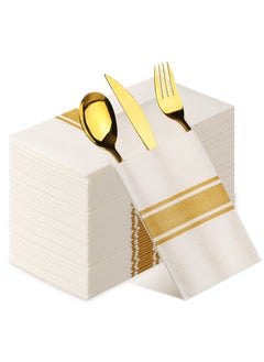 Generic Rectangular Cloth White Napkins with Gold Border,50 Pieces Fancy Paper Napkin,Disposable Dinner Napkins,Decorative Party Napkins for Weddings,Dinner Parties,Upscale Parties and Events  - Image 1