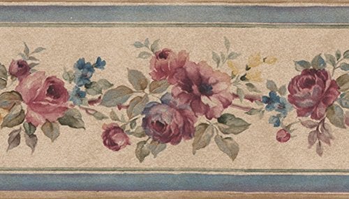 Norwall Pink Bloomed Roses Beige Floral Wallpaper Border Retro Design Roll 15 x 35 - Image 1