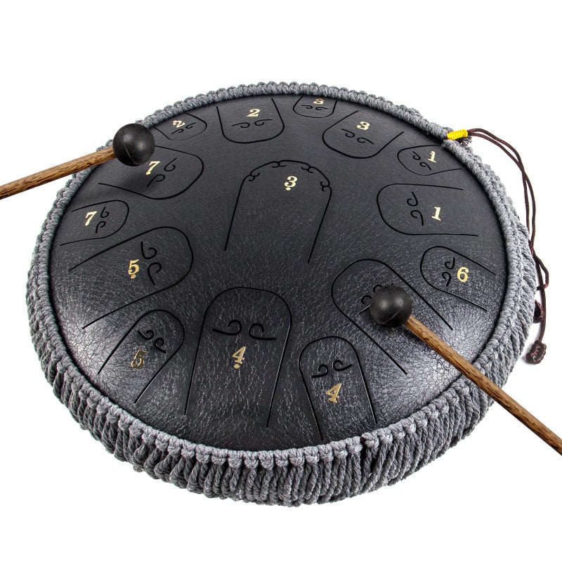 Steel Tongue Drum Horse 14 Inch 15 Tones Tank Drum C Key Percussion Steel Drum Kit with Drum Mallets Note Stickers Finger Picks Mallet Bracket and Gig Bag14 Inch 15 Tones Grey