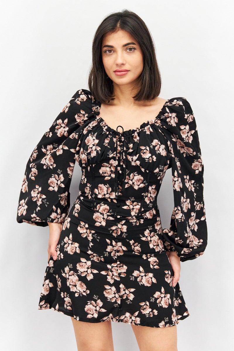 Missguided Women Floral Print Mini Casual Dress, Black - Image 1