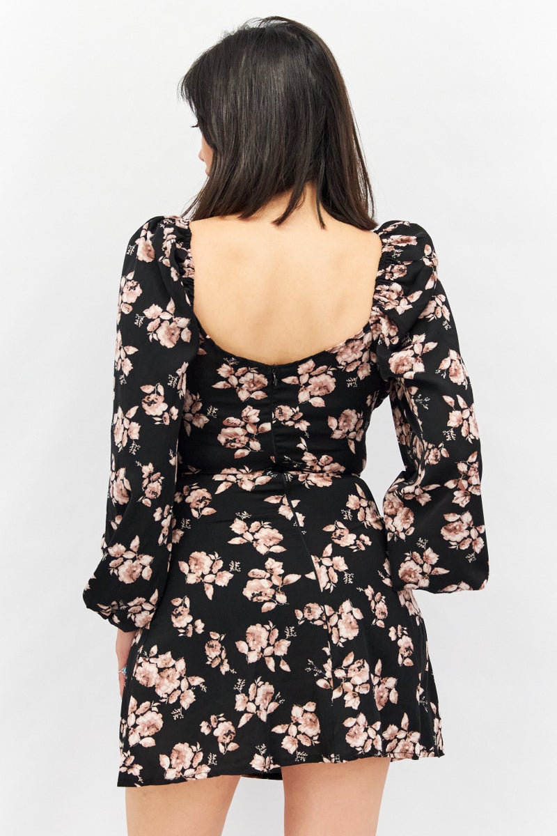 Missguided Women Floral Print Mini Casual Dress, Black - Image 4