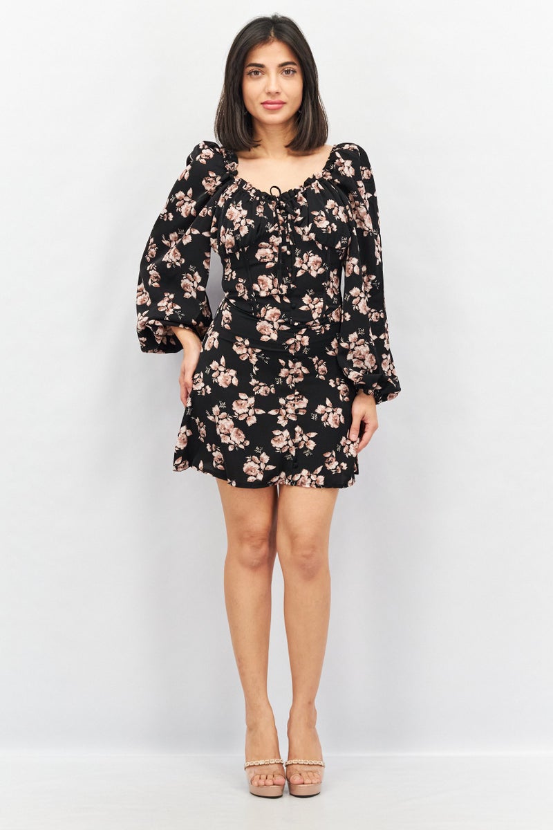 Missguided Women Floral Print Mini Casual Dress, Black - Image 3