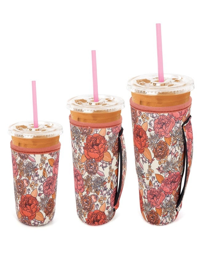 Snowso 3 Pack Iced Coffee sleeve Insulated Neoprene Cup Sleeves with handle For Cold Drinks Beverages, Reusable Cup Holder for 16oz-32oz Coffee Cups (Flower Power) - Image 1