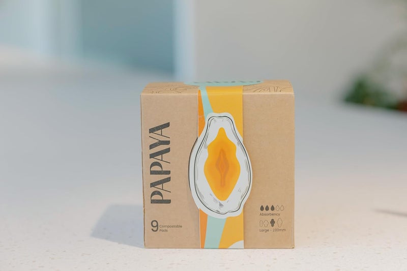 Papaya Safe and Compostable Menstrual Pads for Women - Pack of 2 Boxes (18 Pads), Combats Rashes and Odors, Biodegradable, Leakproof, No Fragrance, Wide, Soft Wings Large - 280mm x 75mm