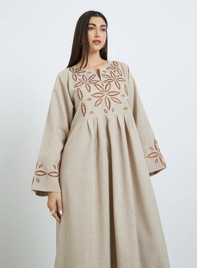 Amirah Women Beige Embroidered Pleated Jalabiya