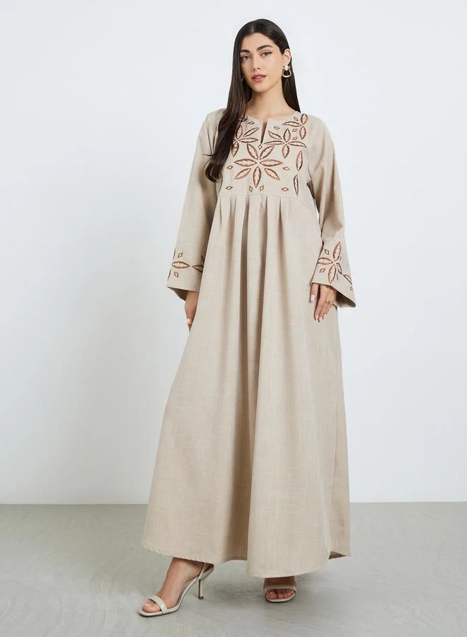 Amirah Women Beige Embroidered Pleated Jalabiya