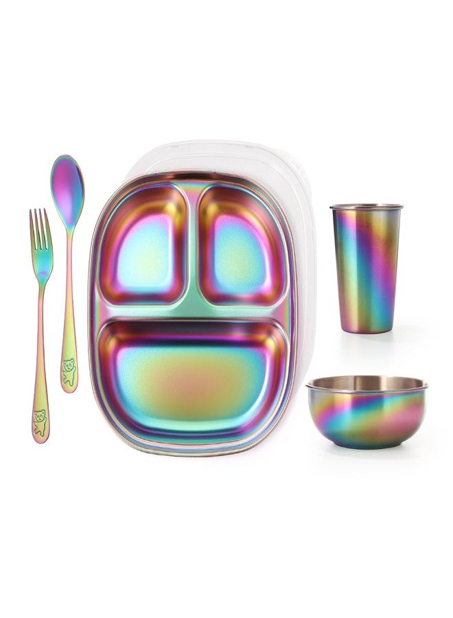 AIEVE Stainless Steel Kids Plates and Bowls, 5 Pcs Kids Dinnerware Set Includes Stainless Steel Toddler Plate with Lid, Utensils, Cup and Bowl - Image 1