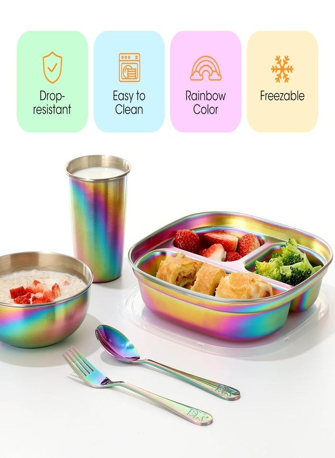 AIEVE Stainless Steel Kids Plates and Bowls, 5 Pcs Kids Dinnerware Set Includes Stainless Steel Toddler Plate with Lid, Utensils, Cup and Bowl - Image 2