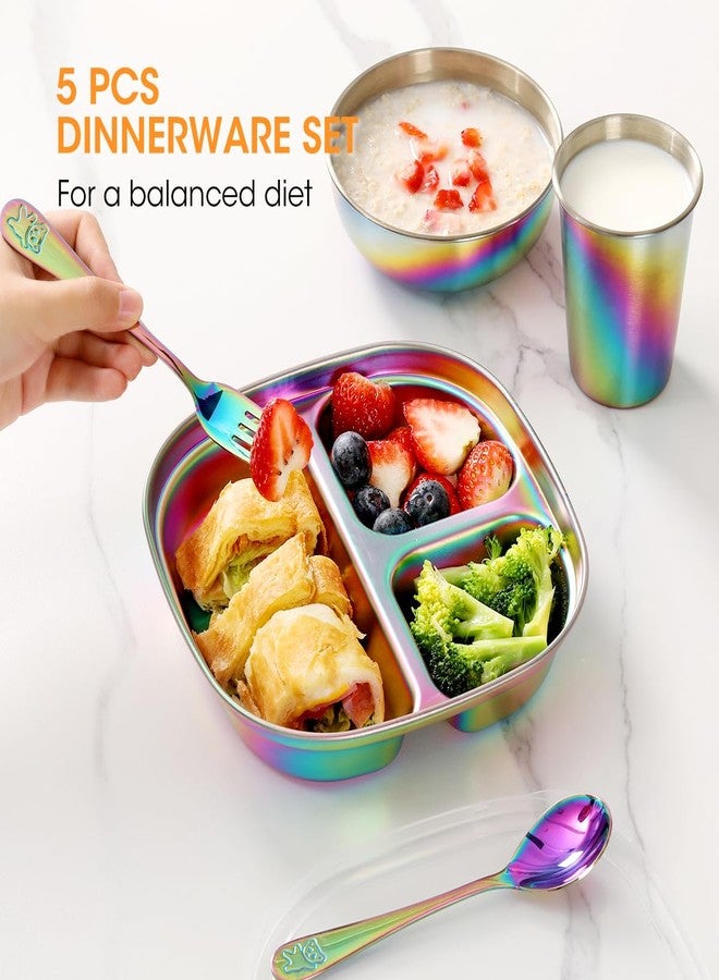 AIEVE Stainless Steel Kids Plates and Bowls, 5 Pcs Kids Dinnerware Set Includes Stainless Steel Toddler Plate with Lid, Utensils, Cup and Bowl - Image 5