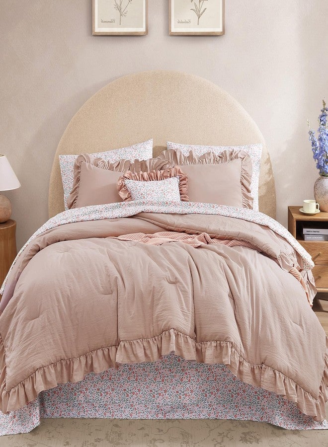 BLOOMHAVEN Full Comforter Set - 7 Pieces Ruffle Pink Bedding Sets, Shabby Chic Farmhouse Bed in a Bag Full with Ruffle Comforter, Floral Sheets, Pillowcases & Shams - Image 1