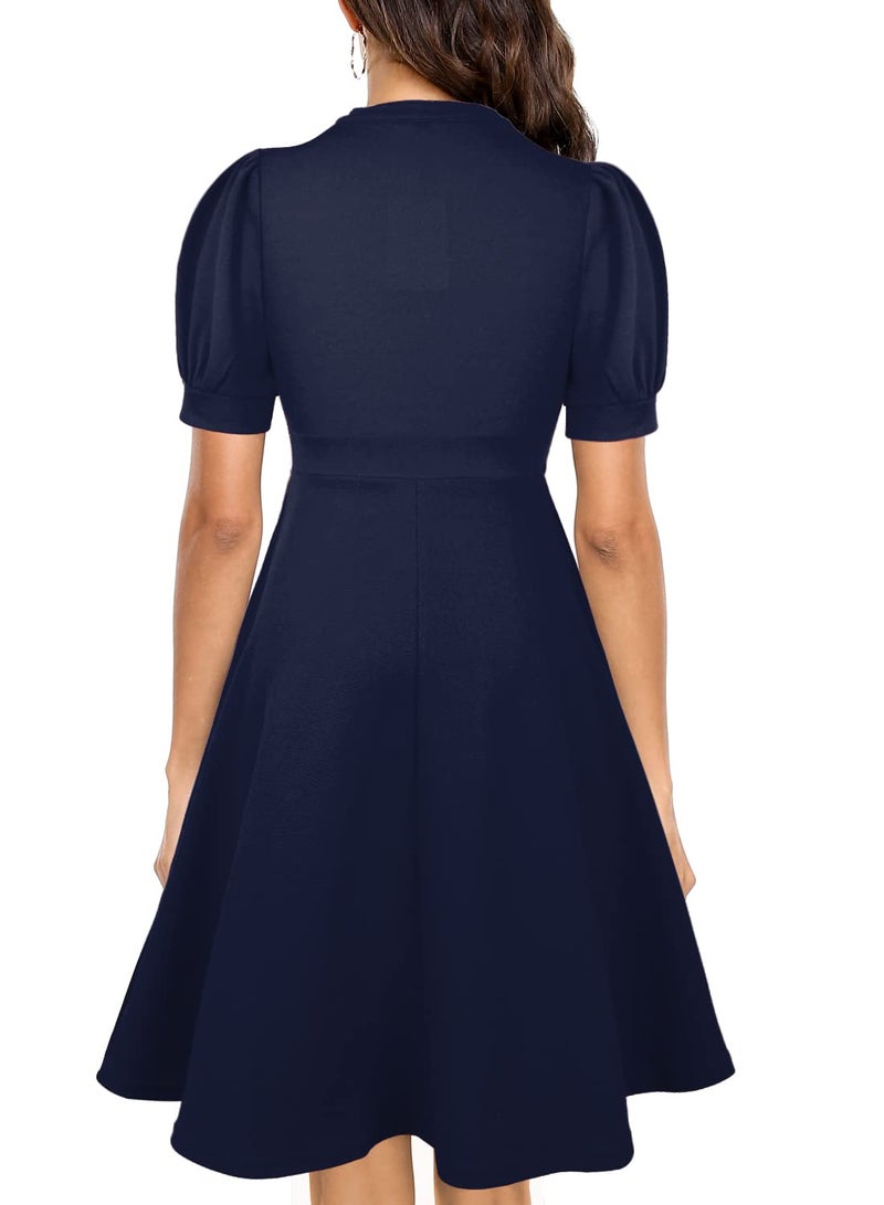 Mokayee Navy Blue Dress for Womens 2026 Summer Short Puff Sleeve V Neck Fit and Flare Knee Length A Line Vintage Cocktail Teacher Office Business Casual Professional Work Ladies Dresses L - Image 2