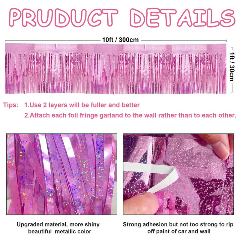 ILHSTY 4 Pcak Each 10 Feet Glitter Pink Parade Float Decorations For Trailer Car  Glitter Foil Fringe Metallic Tinsel Streamers Banner Garland For Graduation Weeding Homecoming Birthday Party (Glitter-Pink) - Image 2