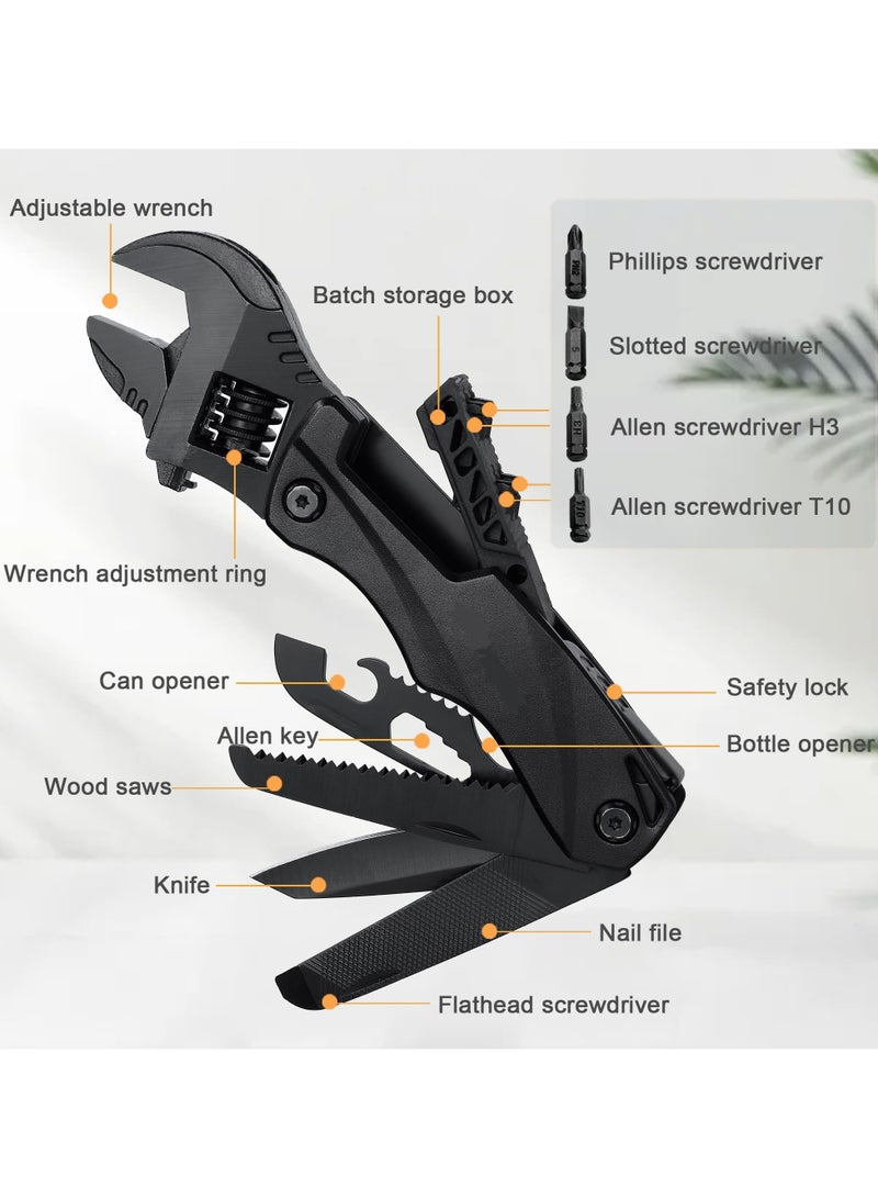Multitool Wrench Wide Jaw Opening Cmaping Gear, Gift for Him and Her, 12 in 1 Multi Purpose Pocket Size EDC Gadget With Screwdriver Cutting Saw Bottle Opener for Maintenance, Camping and DIY(BLACK) - Image 4