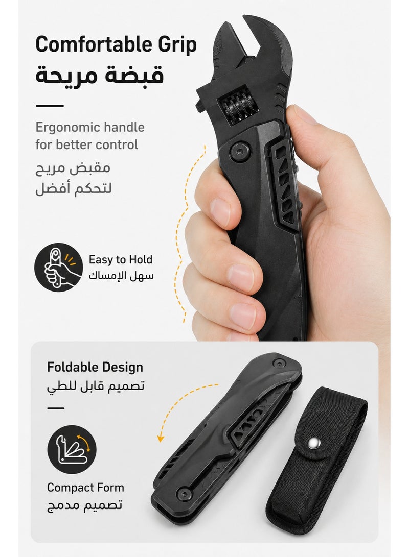 مفتاح جيب متعدد الاستخدامات 8 في 1، أداة قابلة للطي مع مفتاح قابل للتعديل ورؤوس مفك وفتاحة زجاجات ومبرد ومنشار، مناسبة للإصلاحات والرحلات مع جراب نايلون - Image 5