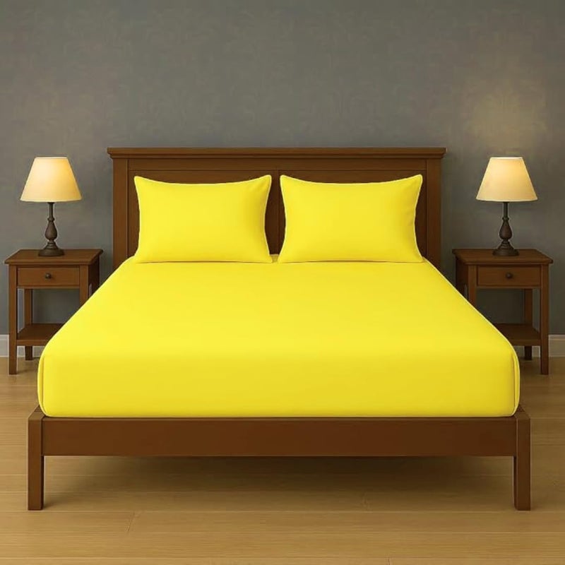 Cotton plain fitted Bed Sheet with 2 Pillowcases (50 x 70 CM), 3 Pieces Bedding - Hotel Luxury Bed Sheets Set (Yellowish, 160 x 200 CM)