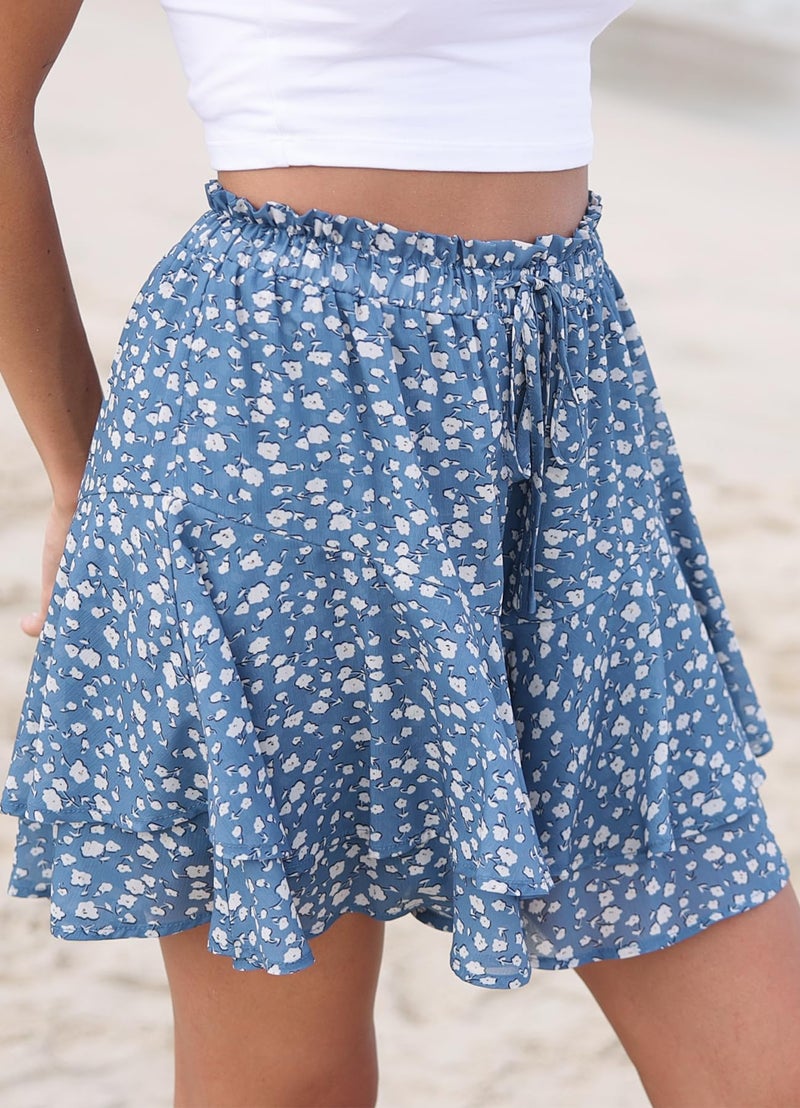 SimpleFun Skorts for Women Dressy Casual Pleated Ruffle Skirts Disty Floral High Waisted Shorts Blue L - Image 5