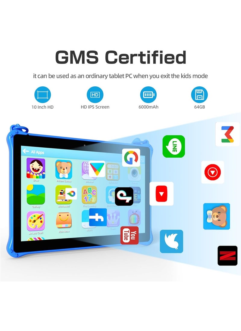 10 inch WiFi Kids Tablet, Android 13 Tablet for Kids,  Toddler Tablet with Shockproof Case, Parental Control, 6000mAh, 2GB RAM, 64GB ROM, HD IPS Touch Screen, Dual Camera , Google Play, YouTube(Blue)
