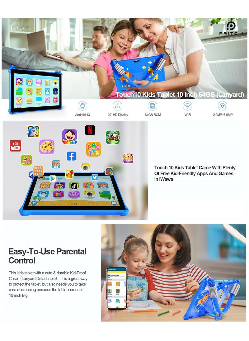 10 inch WiFi Kids Tablet, Android 13 Tablet for Kids,  Toddler Tablet with Shockproof Case, Parental Control, 6000mAh, 2GB RAM, 64GB ROM, HD IPS Touch Screen, Dual Camera , Google Play, YouTube(Blue)