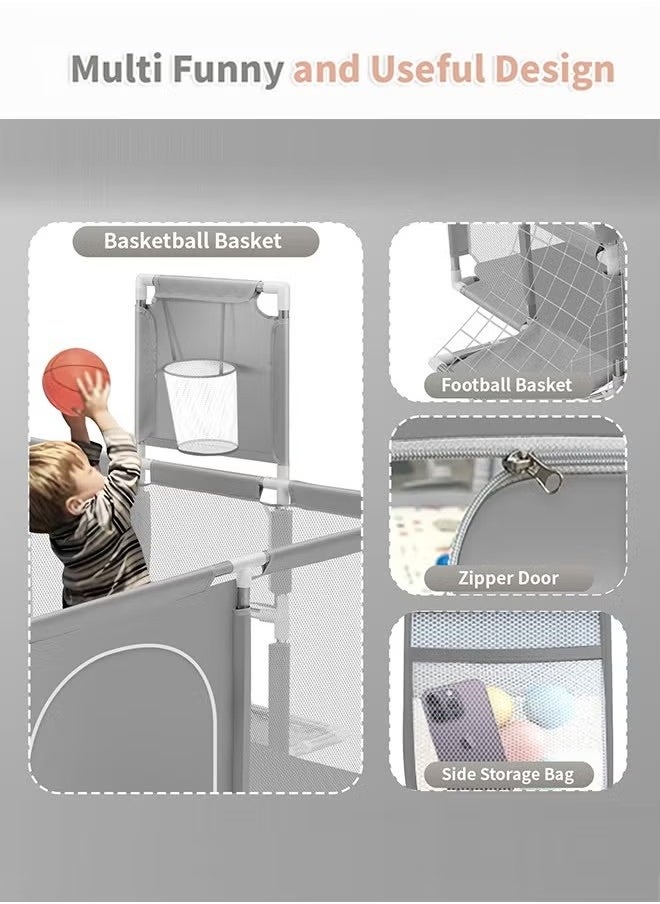 Gonice - Baby Playpen,Extra Large Baby Playard With Basketball Hoop and Breathable Mesh,Children Kids Play Fence for Indoors Outdoors, Grey - Image 1