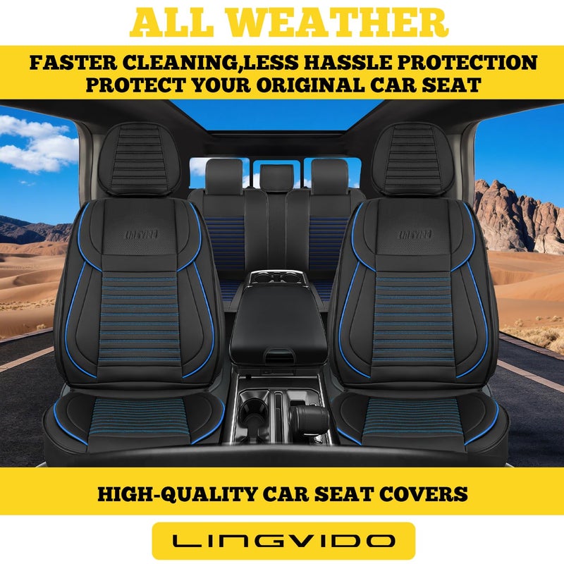 LINGVIDO Full Set Car Seat Covers, Faux Nappa Leather, Airbag Compatible and Waterproof Protectors for Sedans SUVs, Breathable Interior for Active Families, Pets, and Commuters (5 Seats, Black/Blue) - Image 3