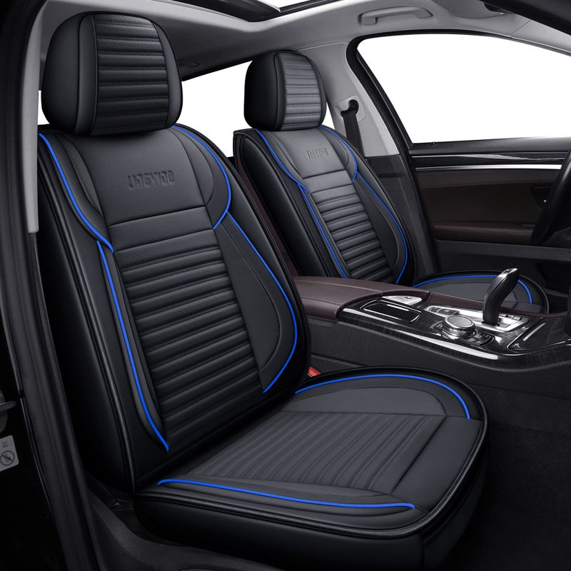 LINGVIDO Full Set Car Seat Covers, Faux Nappa Leather, Airbag Compatible and Waterproof Protectors for Sedans SUVs, Breathable Interior for Active Families, Pets, and Commuters (5 Seats, Black/Blue) - Image 1