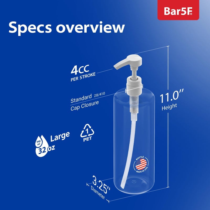 Bar5F Pump Bottle 32-Ounce 1-Liter Empty for Shampoo Conditioner Body Wash Lotion BPA-Free Crystal-Clear (Pack of 1) - Image 2