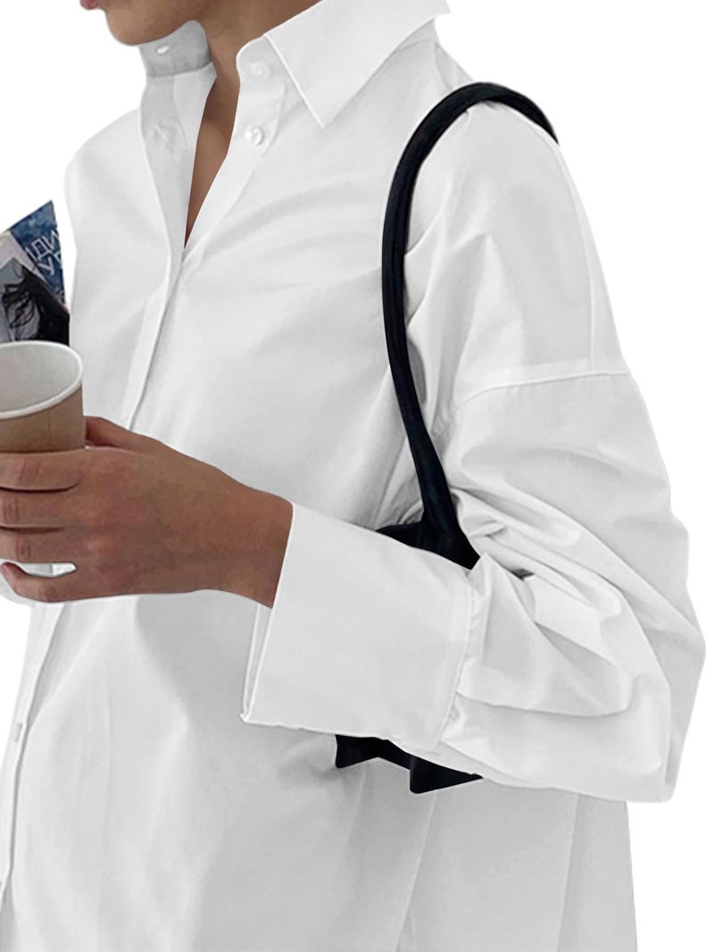 LYANER Women's Casual Shirt Dress Collar V Neck Button Down Loose Long Sleeve Mini Dresses White Small - Image 3