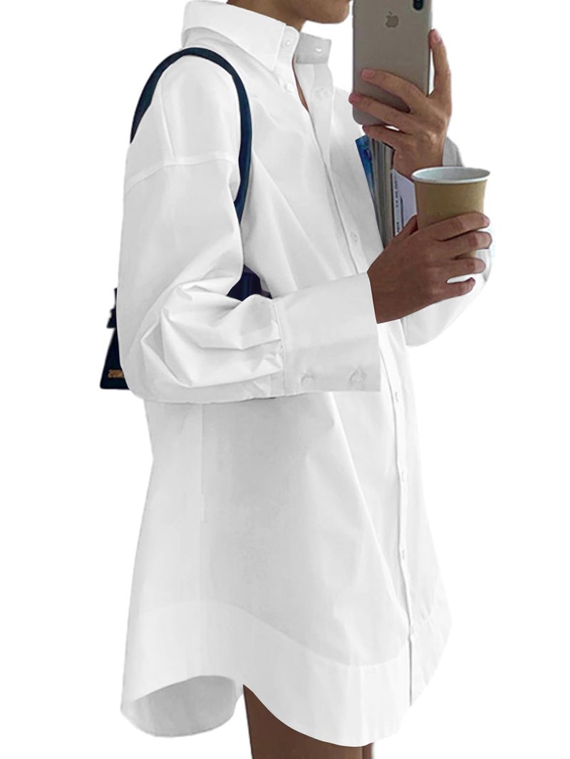 LYANER Women's Casual Shirt Dress Collar V Neck Button Down Loose Long Sleeve Mini Dresses White Small - Image 2