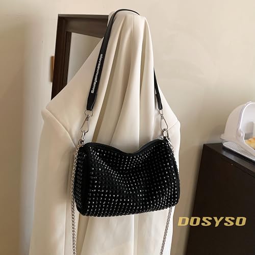 DOSYSO RhineDstone Crossbody broad belt Casual sling Bag for women Evening Clutch Handbags for Girls trendy Latest Ladies crystal Glitter Purse for Party Wedding Bling Bag with chain strap (Black). - Image 4