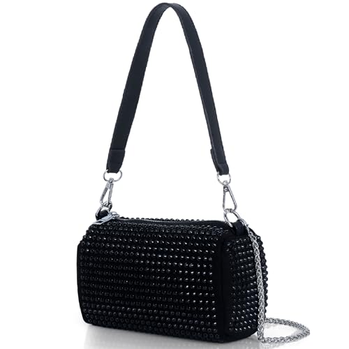 DOSYSO RhineDstone Crossbody broad belt Casual sling Bag for women Evening Clutch Handbags for Girls trendy Latest Ladies crystal Glitter Purse for Party Wedding Bling Bag with chain strap (Black). - Image 1
