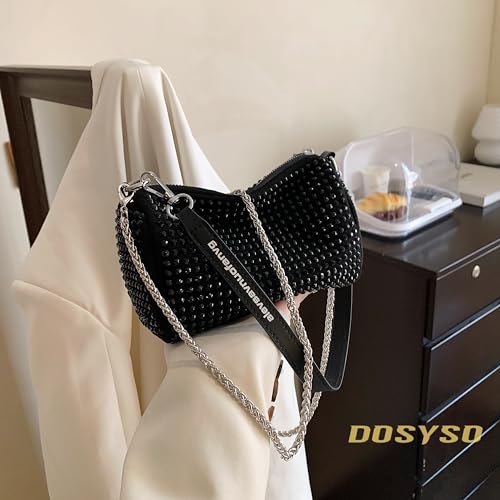 DOSYSO RhineDstone Crossbody broad belt Casual sling Bag for women Evening Clutch Handbags for Girls trendy Latest Ladies crystal Glitter Purse for Party Wedding Bling Bag with chain strap (Black). - Image 3