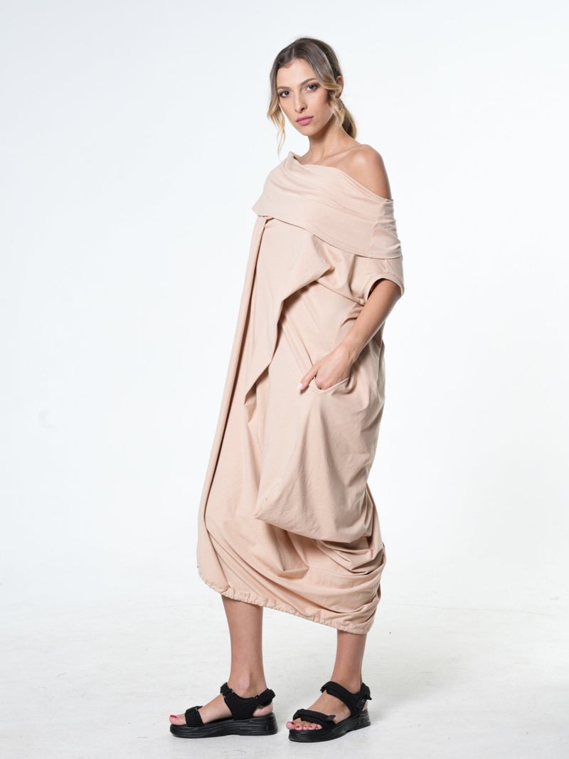 Metamorphoza Oversize Cotton Kaftan Dress In Beige - Image 2