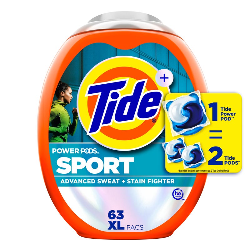 Tide Power Pods Sport Laundry Detergent Pacs, 63 Count, Advanced Sweat + Stain Fighter - Image 1