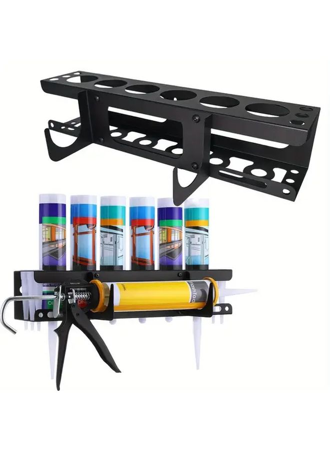 Black Heavy Duty Wall Mounted Caulking Gun Storage Rack And Sealant Tube Holder With Recessed Shelf Holds 6 Tubes Nozzles For Garage Workshop Utility Room Space Saving Home Improvement Tool Sturdy Organizer - Image 1