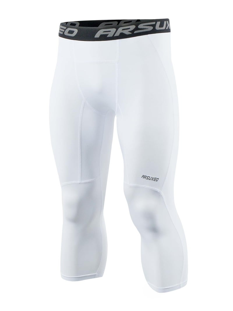 ARSUXEO Men's 3/4 Running Compression Tights Capri Pants K75 White Size Medium - Image 1