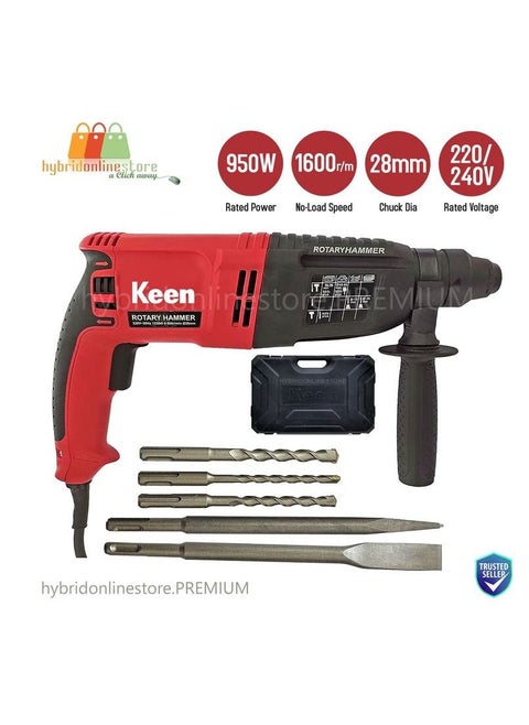 KEEN 950 WATT 28mm Rotary Hammer Drill with 9 pcs accessories for Wall Steel Aluminium works 950W 220-240V 50-60Hz 1600rpm min 28 mm -  Red Color Model OS-103
