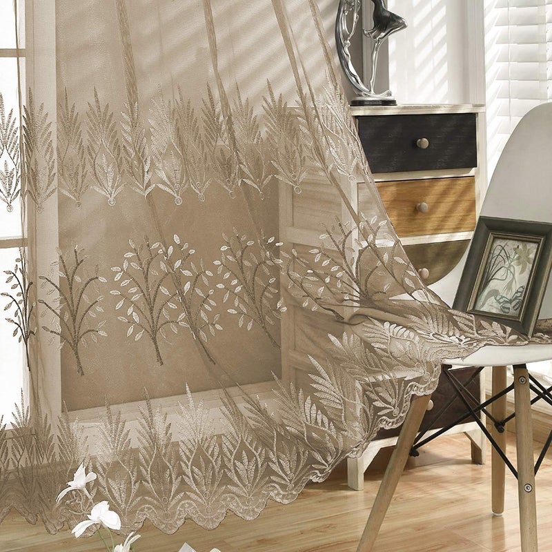 DONREN Tree Branch Embroidery Taupe Sheer Curtains for Bedroom  Luxury Embroidery Sheer Curtain Panels for Living Room W 52 x L 84 Inch2 Panels