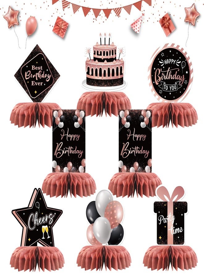 INNORU Happy Birthday Table Honeycomb Centerpieces Set, Anniversary Birthday Gifts Table Topper Centerpieces Adults Children Teenager Birthday Party Table Decorations Set of 8 (Rose Gold) - Image 1